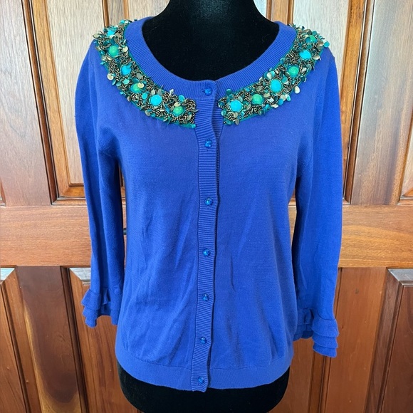 kate spade Button Down Embellished Cardigan Royal Blue Beads Sequin Yoke Small - Picture 1 of 10